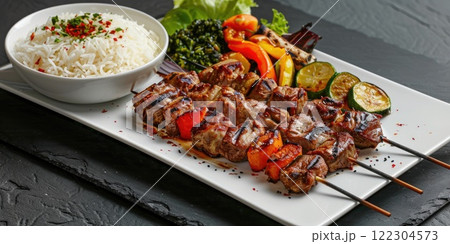 Shish Kebab on big white plate on a black slate background, Skewered and grilled chunks of marinated meat served with rice in the bowl and grilled vegetables, Classic Turkish barbecue dish 122304573