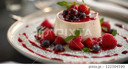 Panna Cotta dessert with berry coulis drizzle, Delicate and creamy texture against white backdrop. Elegant presentation with fresh berries. 122304590