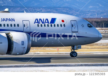 冬の新千歳空港 着陸中の飛行機 北海道千歳市 冬の新千歳空港 着陸中の飛行機 北海道千歳市 122305303