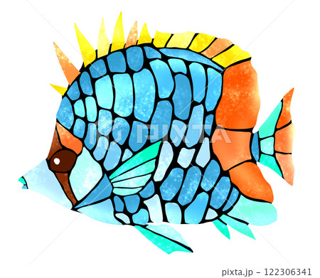 可愛い熱帯魚アミメチョウチョウウオの綺麗なタイル画風切り絵イラスト 可愛い熱帯魚アミメチョウチョウウオの綺麗なタイル画風切り絵イラスト 122306341