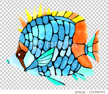 美麗的瓷磚風格剪紙插圖，描繪了一種可愛的熱帶魚——網紋蝴蝶魚。 122306341