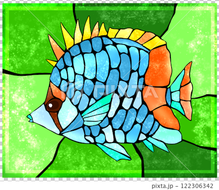 Colorful tile-style cut-out illustration of a tropical fish, butterflyfish, with background 122306342