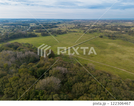Aerial view of a serene landscape featuring green fields, a dirt road, and a mix of dense and sparse trees, with an open horizon under a calm, clear sky. 122306467