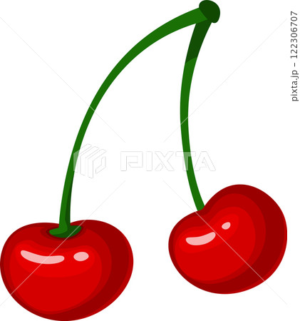 Two shiny red cherries hanging from a shared green stem, showcasing a vibrant display of freshness and natural sweetness, embodying the essence of summer fruit 122306707