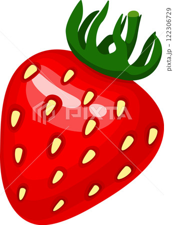Bright and colorful illustration showcasing a fresh red strawberry with green leaves, highlighting its juicy texture and seeds. Perfect for themes related to fruit, health, and nutrition 122306729