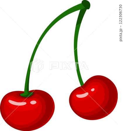 Two shiny red cherries are depicted hanging from their green stems against a pristine white backdrop, showcasing the vibrant colors and inviting freshness of the fruit Two shiny red cherries are depicted hanging from their green stems against a pristine white backdrop, showcasing the vibrant colors and inviting freshness of the fruit 122306730