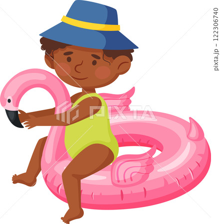 Smiling dark skinned child enjoying summer fun in a vibrant swimsuit and stylish sun hat, playing joyfully with a pink flamingo inflatable ring, capturing carefree vacation moments 122306740