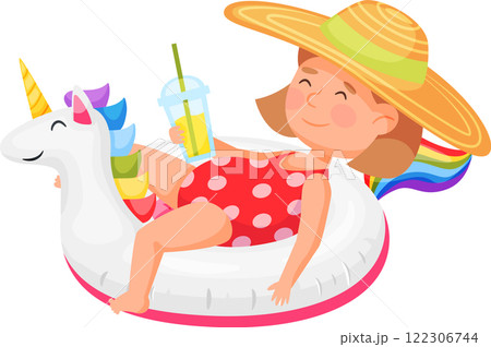 Cheerful child enjoying summer on a unicorn shaped pool float, wearing a wide brimmed hat and holding a refreshing lemonade. Perfect illustration of carefree holiday fun 122306744