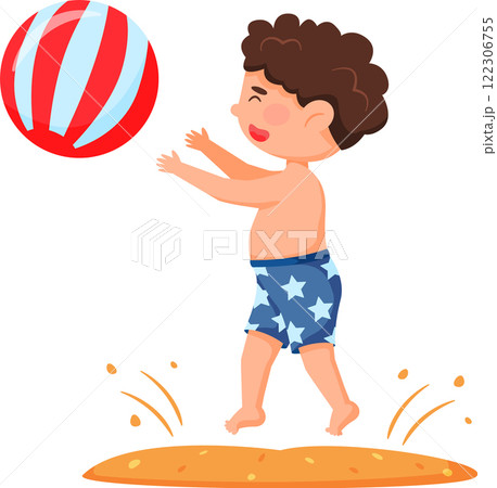 Cute little boy with curly hair wearing swimming trunks happily playing with beach ball on the sand, enjoying summer vacation and seaside resort Cute little boy with curly hair wearing swimming trunks happily playing with beach ball on the sand, enjoying summer vacation and seaside resort 122306755