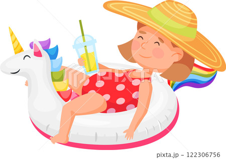 Young girl enjoying a sunny day on a unicorn shaped pool float, sipping a refreshing drink. Wearing a sun hat and swimsuit, she embodies carefree summer fun and relaxation 122306756