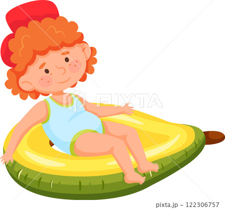 Redhead child wearing swimsuit and red hat relaxing floating on yellow and green inflatable ring shaped like an avocado, having fun during summer vacation at the beach or swimming pool 122306757