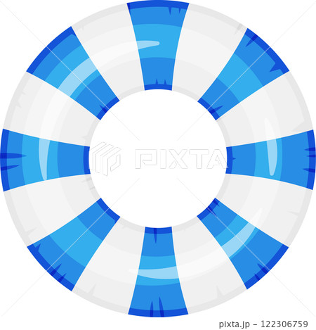 Inflatable ring featuring blue and white stripes, floating gracefully on water, offering both safety and enjoyment during summer activities and leisurely days by the pool or beach Inflatable ring featuring blue and white stripes, floating gracefully on water, offering both safety and enjoyment during summer activities and leisurely days by the pool or beach 122306759