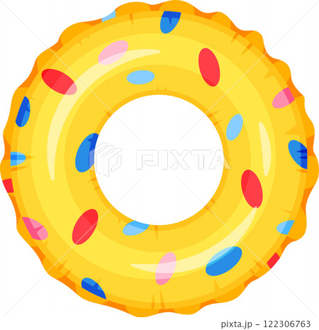 Colorful inflatable ring floating on water surface, perfect accessory for summer vacations, swimming pool fun, and beach holidays, providing safety and enjoyment Colorful inflatable ring floating on water surface, perfect accessory for summer vacations, swimming pool fun, and beach holidays, providing safety and enjoyment 122306763