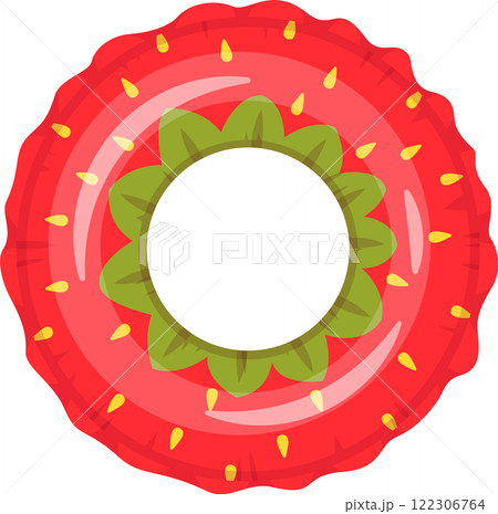 Red inflatable strawberry ring floating on white background, perfect for summer pool parties and beach vacations, providing safety and fun for kids and adults 122306764