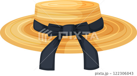 Yellow straw hat with black ribbon, representing summer fashion, elegance, and a classic style, perfect for sunny days and outdoor activities Yellow straw hat with black ribbon, representing summer fashion, elegance, and a classic style, perfect for sunny days and outdoor activities 122306843