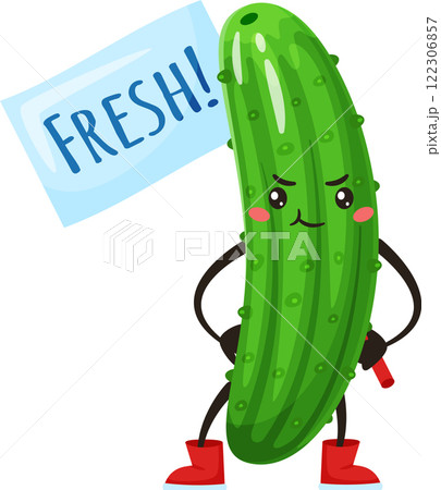 Cartoon cucumber character wearing vibrant red boots, joyfully holding a fresh sign that promotes healthy eating and a lively lifestyle in a fun and engaging manner 122306857