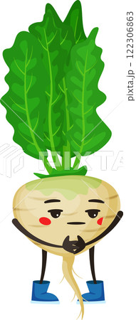 Cartoon turnip with vibrant green leaves and playful blue boots, holding its root with tiny hands, blushing and shyly gazing downward, exuding a cute and funny personality Cartoon turnip with vibrant green leaves and playful blue boots, holding its root with tiny hands, blushing and shyly gazing downward, exuding a cute and funny personality 122306863
