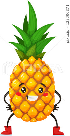 Cheerful, anthropomorphic pineapple character stands confidently with its hands on its hips, wearing bright red boots and sporting a joyful expression 122306871