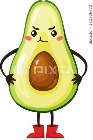 Funny avocado cartoon character wearing bright red boots, displaying an angry facial expression with arms crossed, set against a clean white background 122306872