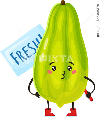 Cartoon illustration featuring a fresh chayote character joyfully holding a sign and a red marker, promoting the benefits of healthy eating and fresh produce for a vibrant lifestyle Cartoon illustration featuring a fresh chayote character joyfully holding a sign and a red marker, promoting the benefits of healthy eating and fresh produce for a vibrant lifestyle 122306876