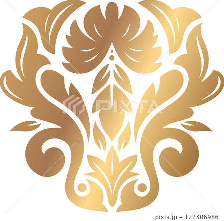 Luxurious gold floral pattern featuring intricate, ornate designs with symmetrical elements. Perfect for decorative projects, wallpaper, or textile design, adding a touch of sophistication 122306986
