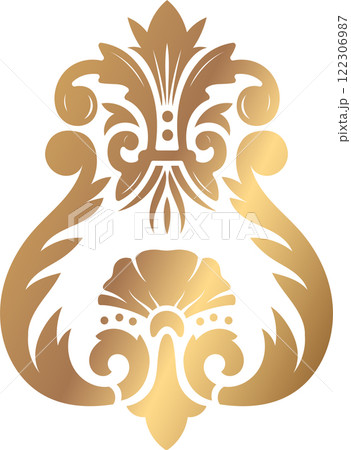 Intricate gold ornamental design featuring baroque style floral patterns with elegant swirls and flourishes, perfect for decorative use in art and design projects 122306987