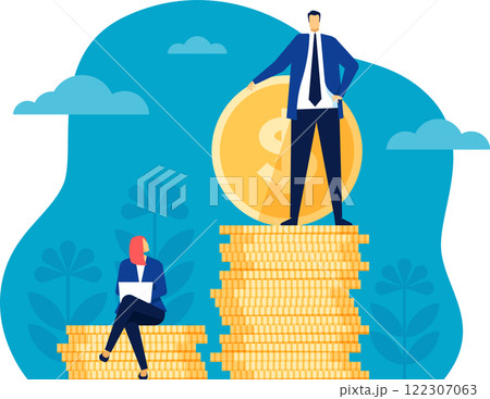 Illustration depicting a man and woman on stacks of coins, symbolizing business growth and gender pay gap. The man stands confidently, while the woman sits, highlighting economic disparity 122307063