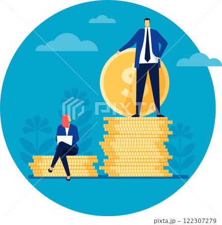 Businessman and businesswoman with different salaries, demonstrating gender inequality and discrimination in payment, bigger coin as symbol of higher wage 122307279
