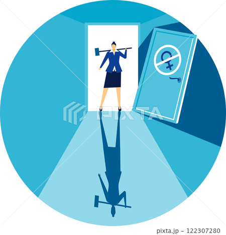 Businesswoman holding sledgehammer is breaking through a closed door with female gender symbol prohibition sign, fighting for gender equality, women s rights and career opportunity Businesswoman holding sledgehammer is breaking through a closed door with female gender symbol prohibition sign, fighting for gender equality, women s rights and career opportunity 122307280
