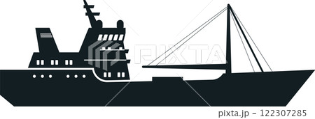 Black silhouette of a fishing boat gliding across the sea, equipped with fishing gear and ready for a productive day on the water, capturing the essence of maritime industry 122307285