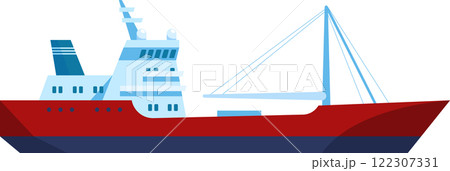 Red and blue fishing boat sailing on the open sea, equipped with a sturdy fishing mast, preparing for an exciting day of fishing activities and maritime adventures Red and blue fishing boat sailing on the open sea, equipped with a sturdy fishing mast, preparing for an exciting day of fishing activities and maritime adventures 122307331