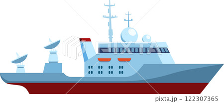Modern warship sailing on white background, equipped with satellite dishes for communication and radar antennas for navigation and surveillance 122307365