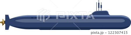 Modern dark blue submarine sailing underwater with periscope raised, side view of a military ship with propeller and communications antennas 122307415