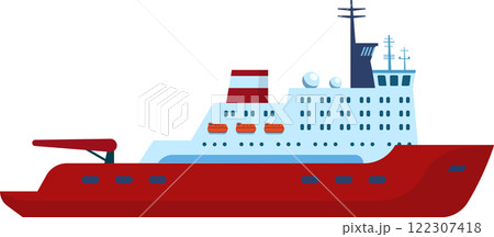 Large icebreaker ship navigating through the Arctic Ocean, breaking ice floes with cranes and lifeboats, designed for exploration and research in extreme conditions Large icebreaker ship navigating through the Arctic Ocean, breaking ice floes with cranes and lifeboats, designed for exploration and research in extreme conditions 122307418