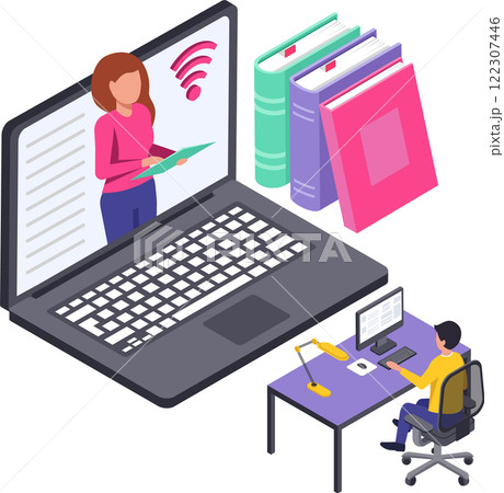 Isometric illustration representing a student attending an online lesson using a laptop and a desktop computer, with a teacher explaining and some books nearby 122307446