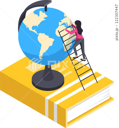 Student climbing a ladder to reach a globe placed on a book, depicting the concept of learning geography or global education in an isometric illustration Student climbing a ladder to reach a globe placed on a book, depicting the concept of learning geography or global education in an isometric illustration 122307447
