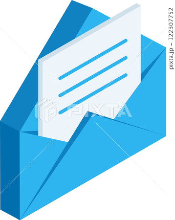Open blue envelope containing a letter with some writing on it, rendered in isometric projection, representing communication, messaging and mailing 122307752