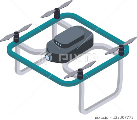Modern drone with four propellers and camera flying, showing its technology and design in an isometric view, ideal for aerial photography and videography 122307773