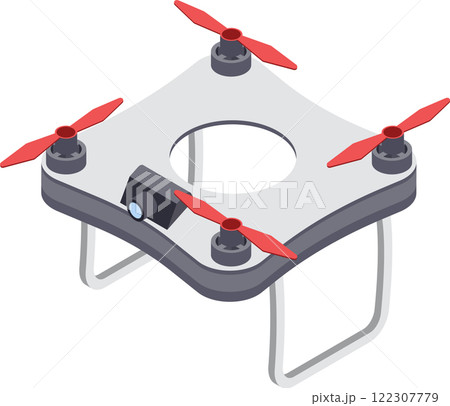 Illustration of a square shaped drone featuring red propellers and a central camera. The drone has a unique design with a circular cutout and sturdy landing gear 122307779
