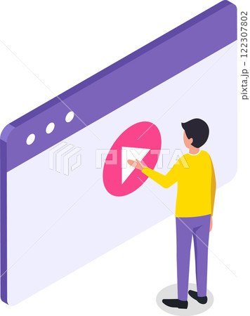 Isometric illustration depicting a man interacting with a play button on a website or app page, representing online video streaming and user experience design 122307802