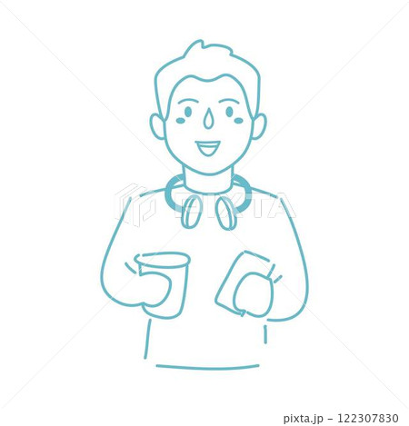 browses internet on mobile phone and drinks coffee browses internet on mobile phone and drinks coffee 122307830