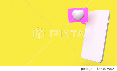 White mobile and heart on Yellow background  3d Rendering. 122307902