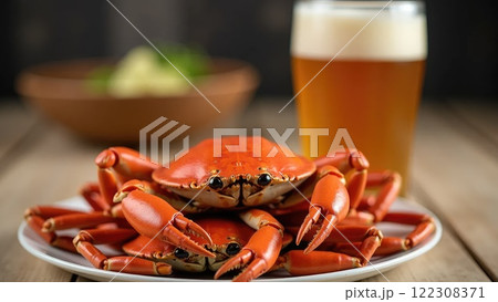 Glass of beer and plate of red crabs, popular seafood and drink pairing 122308371