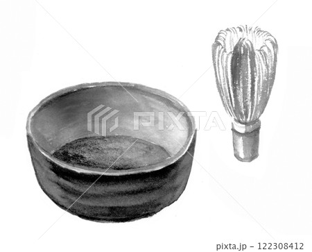 湯のみ茶碗に入った抹茶と茶せんの水墨画風イラスト 湯のみ茶碗に入った抹茶と茶せんの水墨画風イラスト 122308412