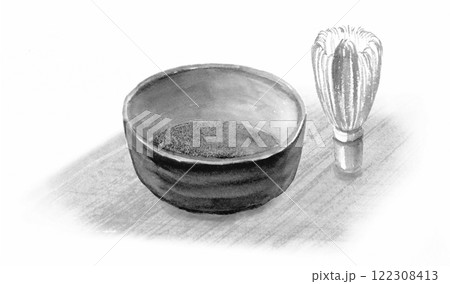湯のみ茶碗に入った抹茶と茶せんの水墨画風イラスト 湯のみ茶碗に入った抹茶と茶せんの水墨画風イラスト 122308413
