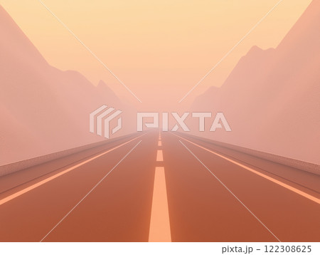 deserted highway stretches into hazy distance, surrounded by mountains, evoking sense of solitude and mystery 122308625
