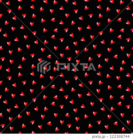Seamless pattern of red watercolor hearts on black background. Digital artwork for Valentines Day celebration. Romantic design for wallpaper, textile, wrapping paper, and greeting cards 122308744