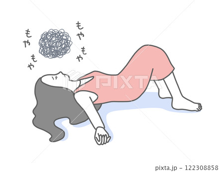 仰向けで寝ながら悩んでいる女性のイラスト素材 122308858