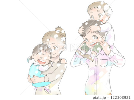 暖かな日に散歩する若い家族 122308921