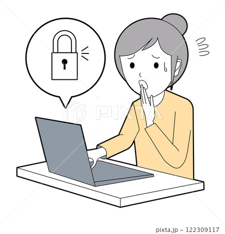 パソコンがロックしてしまい困っている女性 122309117